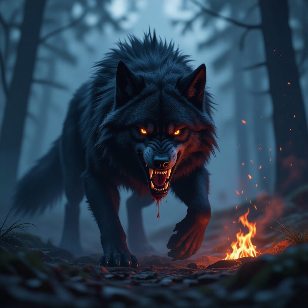 Demonic Black Wolf in Dark Smoky Forest