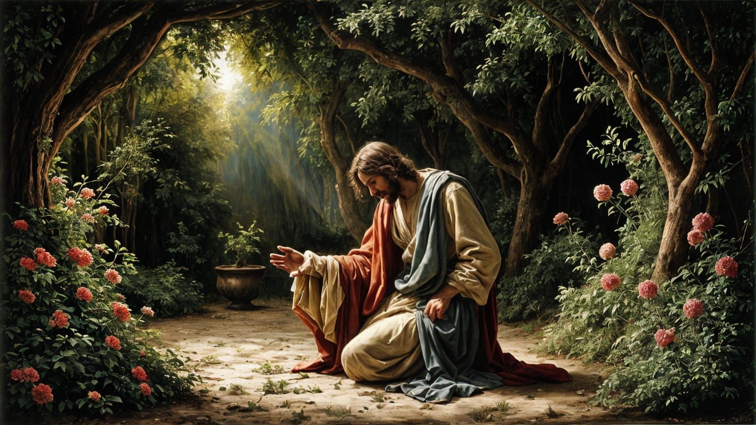 Jesus Praying in the Garden of Olives, Renaissance Style Oil...