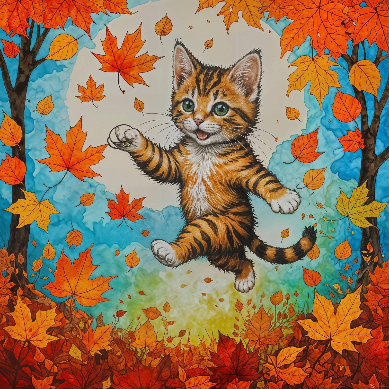 Adorable Kitten Leaping for Stained Glass Autumn Leaves