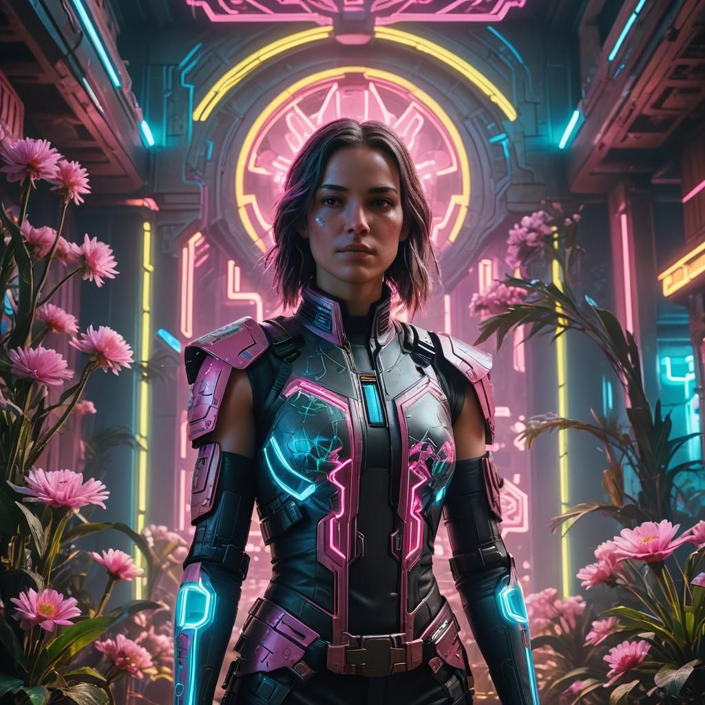 Cyberpunk Queen in Neon Temple, Syd Mead Style