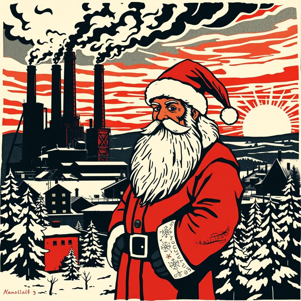 Industrial Kalevala Santa Claus in Linocut