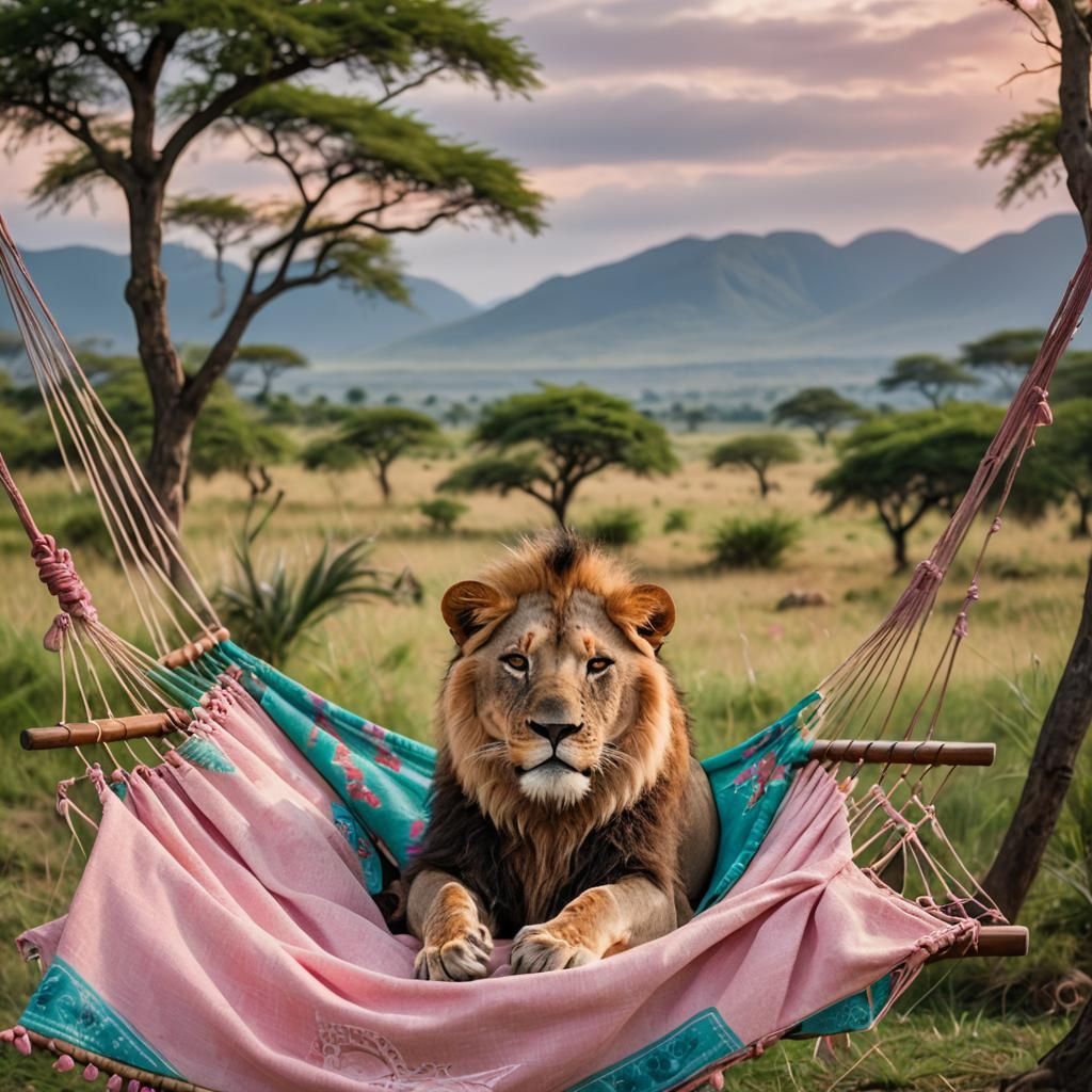 Lion Lounging in Hammock on Colorful African Savannah