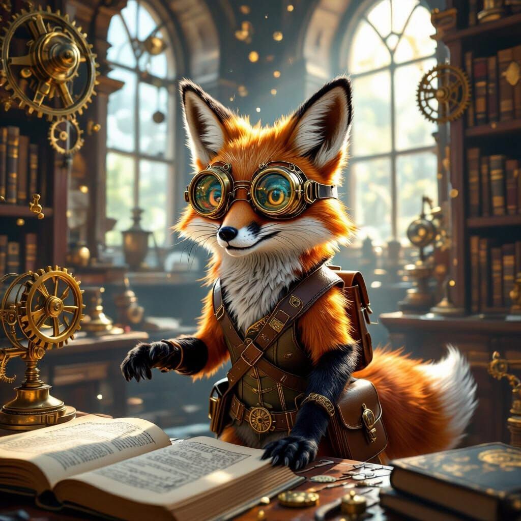 Steampunk Fox in Hidden Library 3D Render