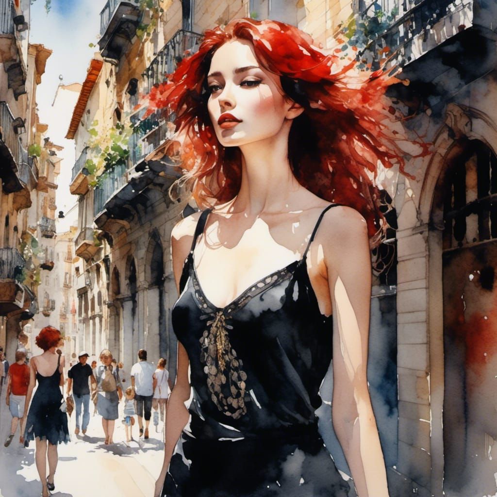 Spanish Beauty in Barcelona: Hyperreal Watercolor Portrait