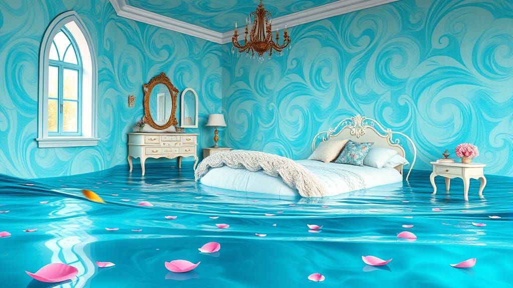 Surreal Bedroom with Floating Furniture in Watercolor