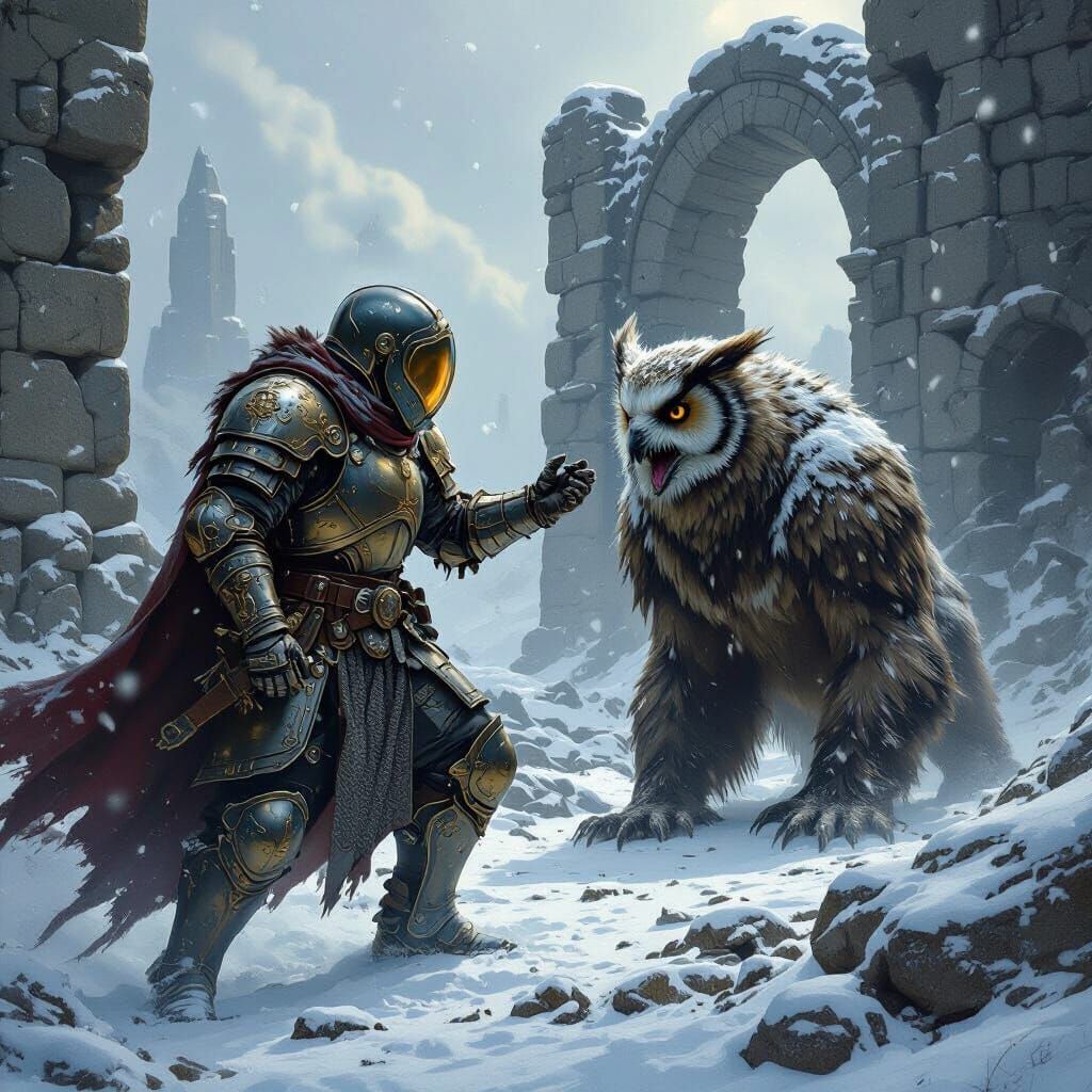 Medieval Astronaut Battles Owlbear in Winter Ruins