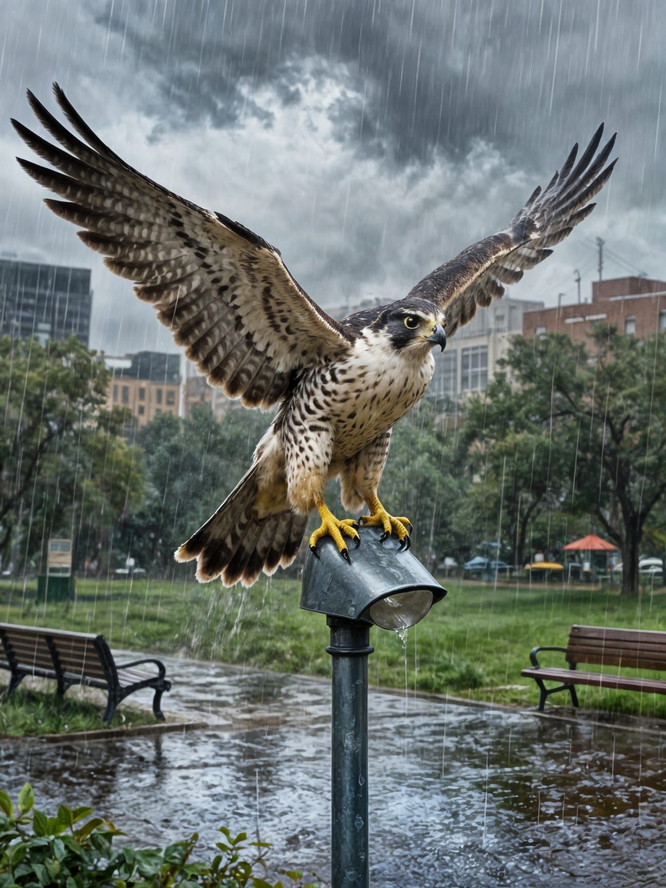 City Falcon Enjoys Refreshing Rain Shower on Light Post