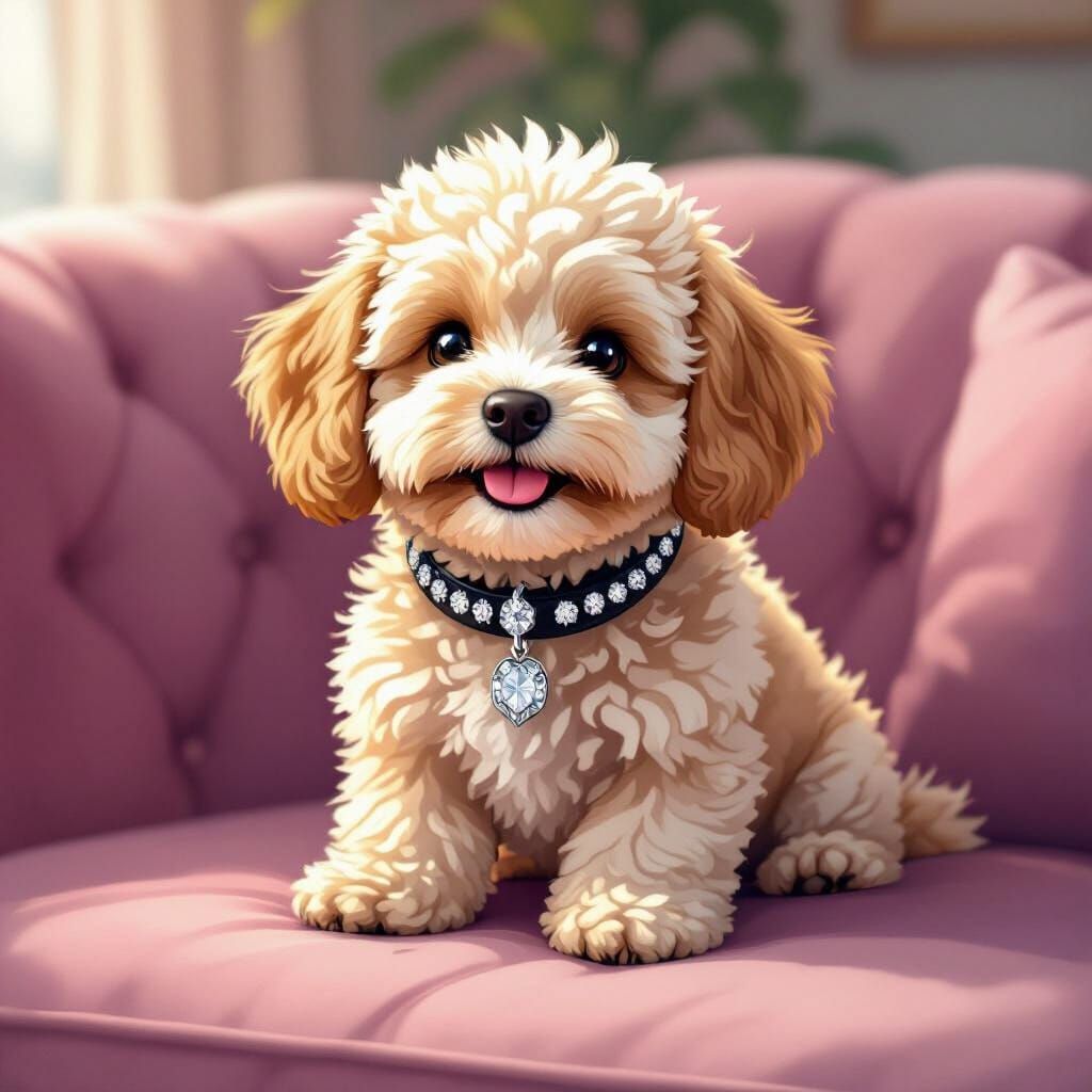 Tiny Cockapoo Dog on Pink Sofa, Manga Scan Style