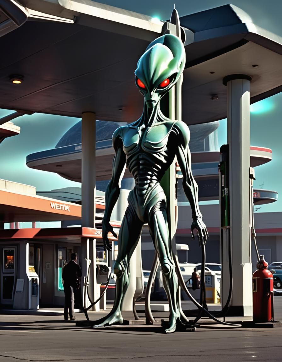 Retrofuturistic Alien Gas Station in H.G. Wells Style