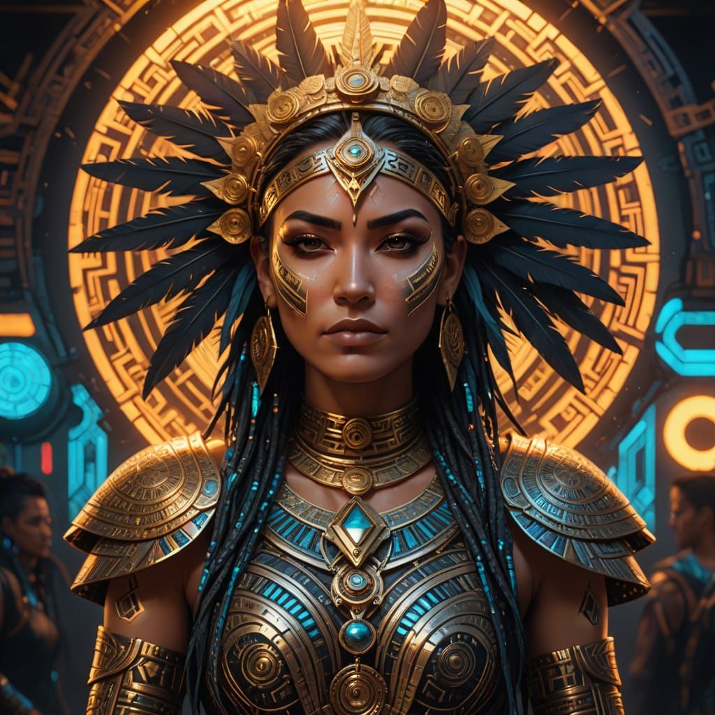 Cyberpunk Aztec Goddess in Glowing Tribal Attire
