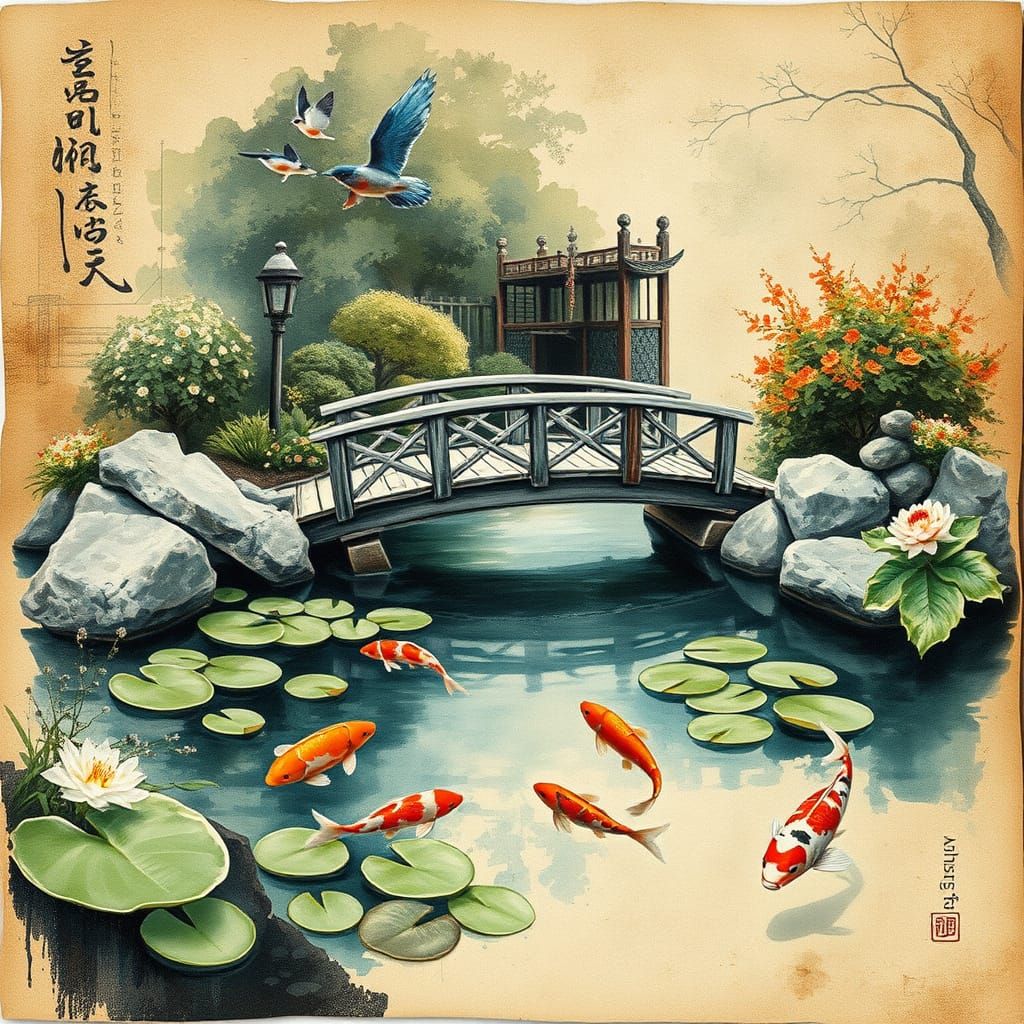 Dreamy Impressionist Zen Garden Scene with Koi
