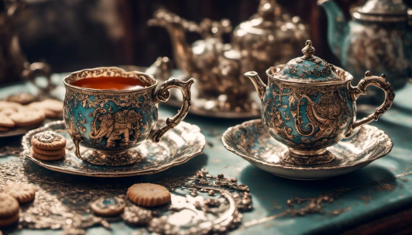 tea in a nice indian paisley  teacup sitting on a sunny table next to a fancy silver teapot and a plate of biscuits