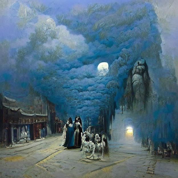 Moonlit Street in Blue Fog, Oil Painting Style