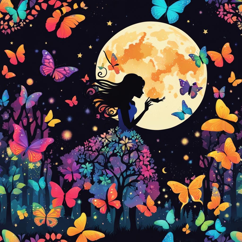 psychedelic colorful silhouette beautiful magical fairy princess forest butterflies moon