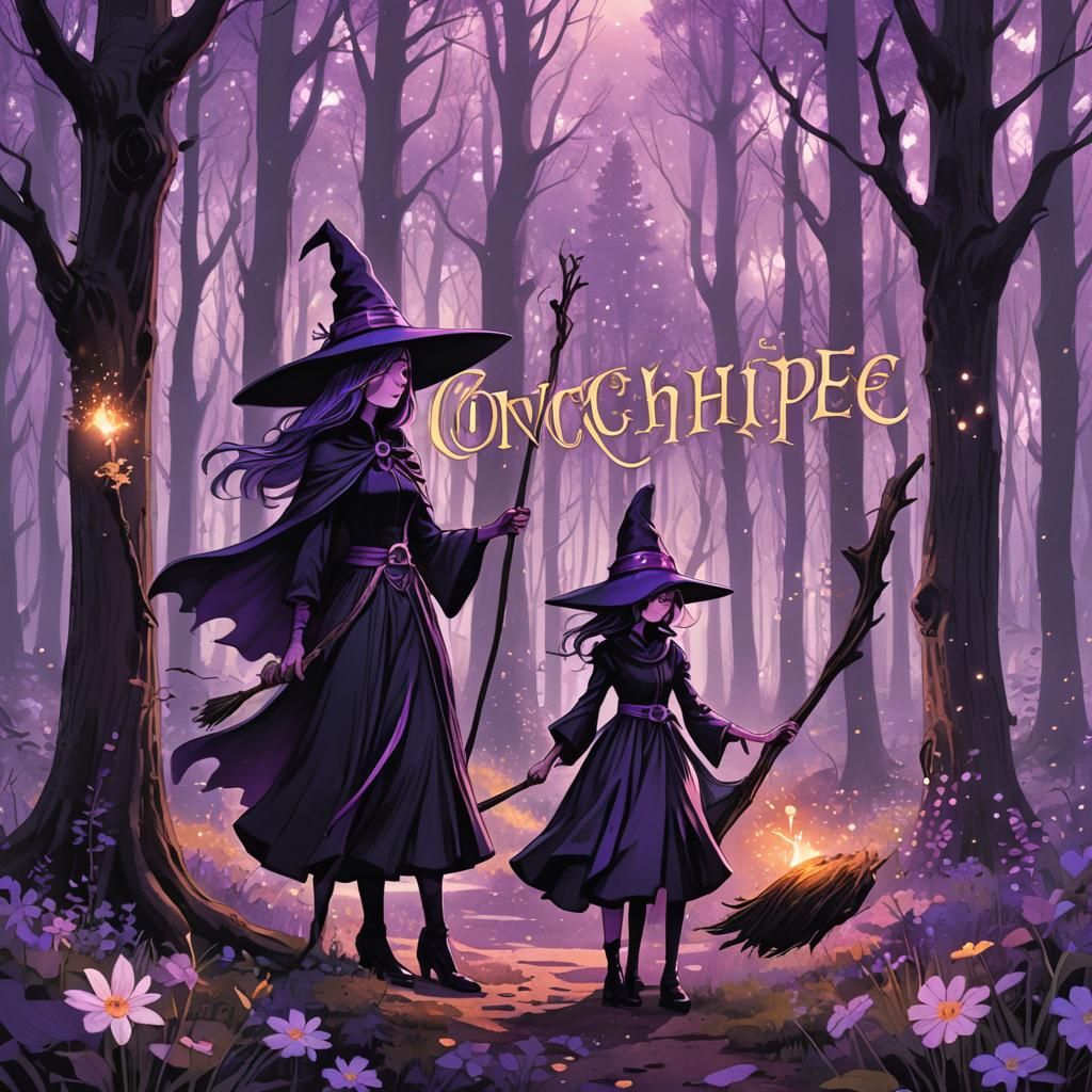 Purple Witch in Enchanting Forest, Arthur Rackham Style