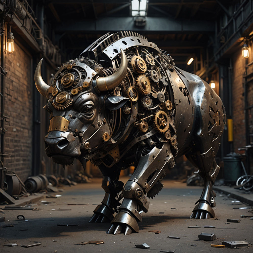 Scrap Metal Buffalo Sculpture, Hyperrealistic Detail