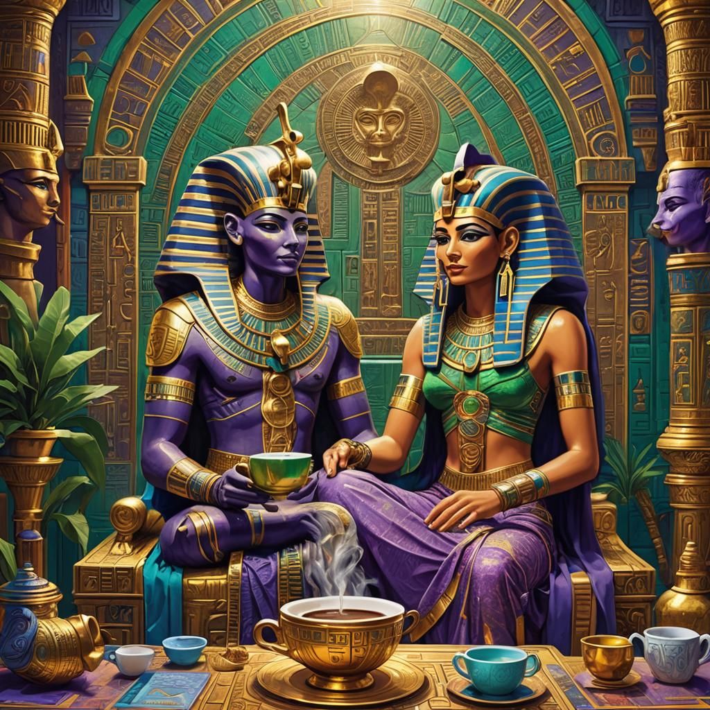 egyptian god and egyptian goddess drinking coffee in their fantasy palace masterpiece extremely beautifully detailed and...