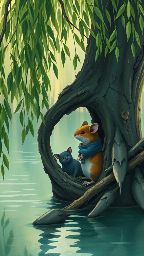 Surreal Silhouette Figures in a Fantastical Tree Hollow Scen...