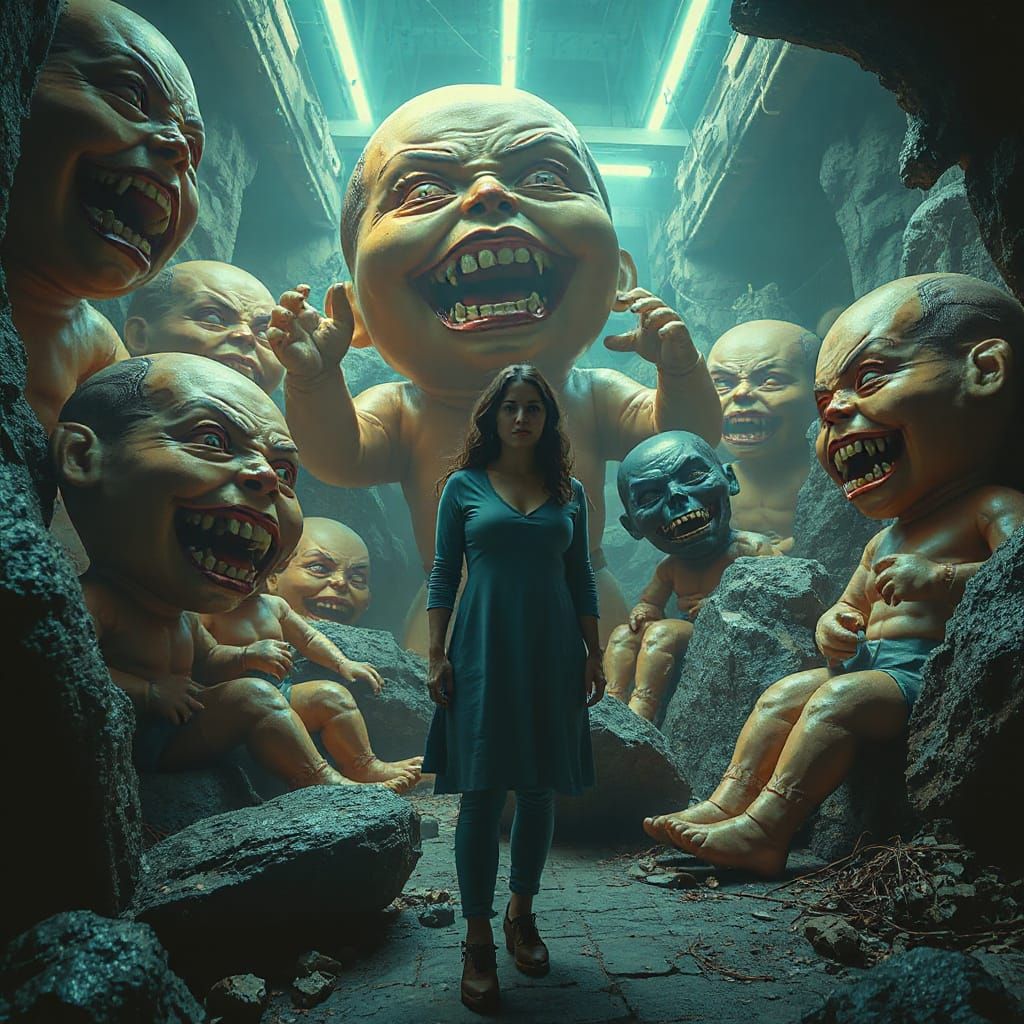 Eerie Trompe L'oeil Scene of Dolls in Neon Hues