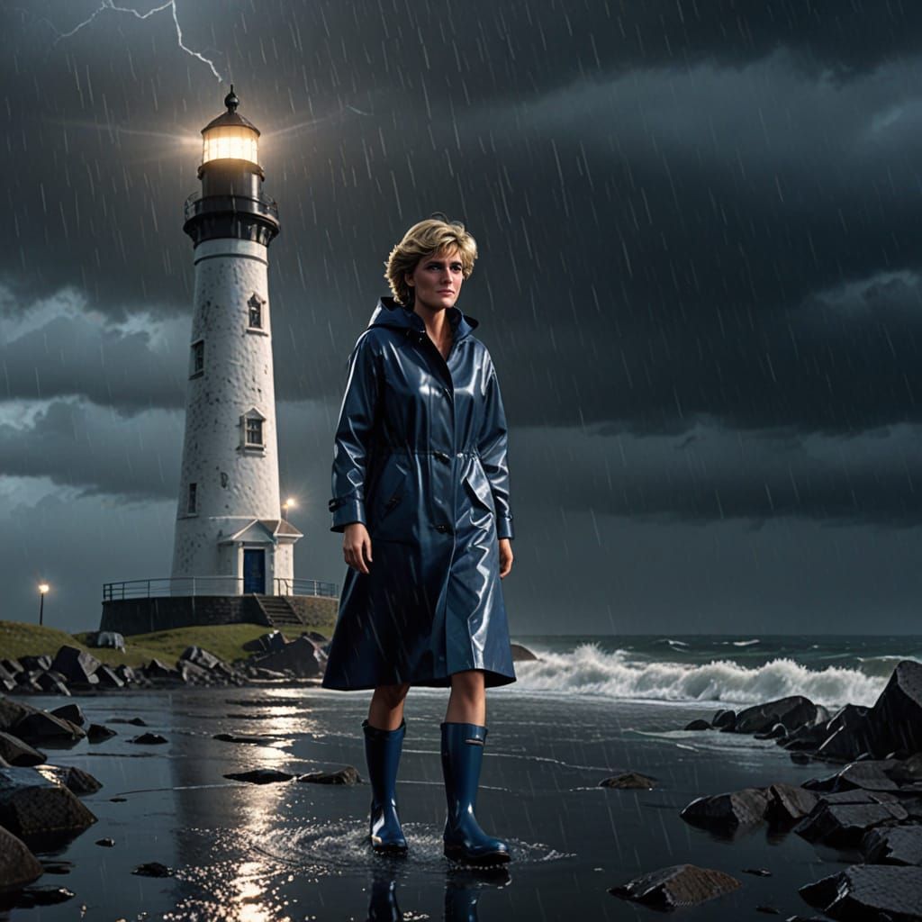 Princess Diana in Raincoat at Lighthouse, 3D Render