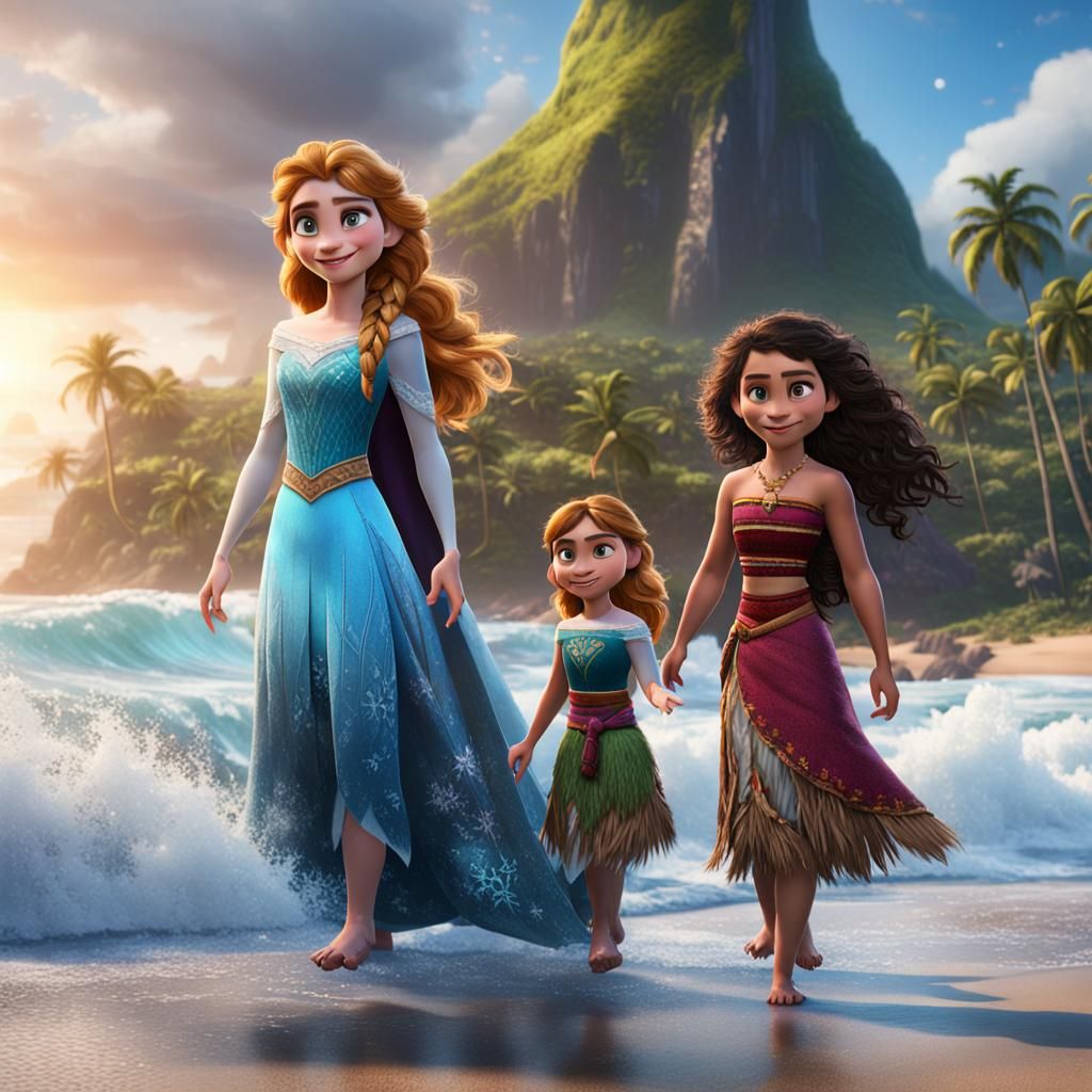 Elsa, Anna, and Moana on a Fantasy Beach