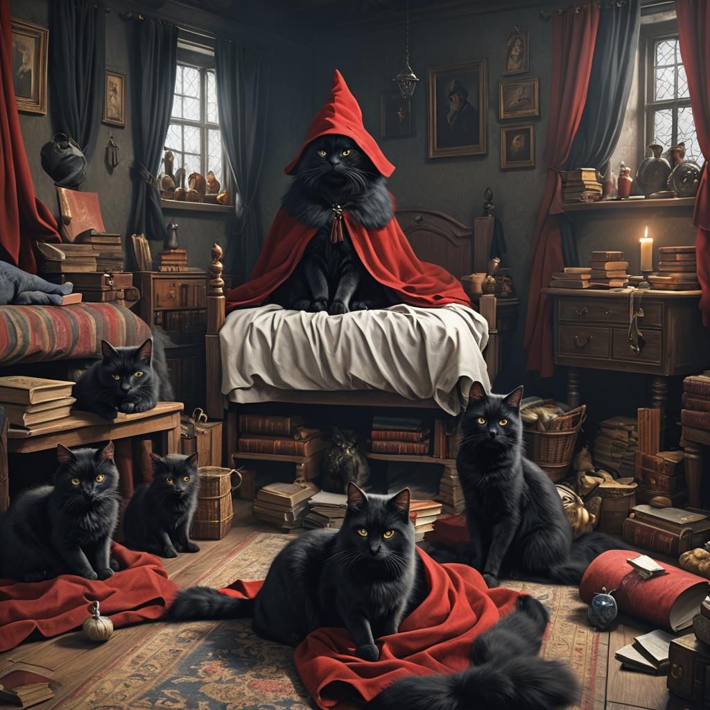 Hyperrealistic Black Cat at Hogwarts in Red Cloak