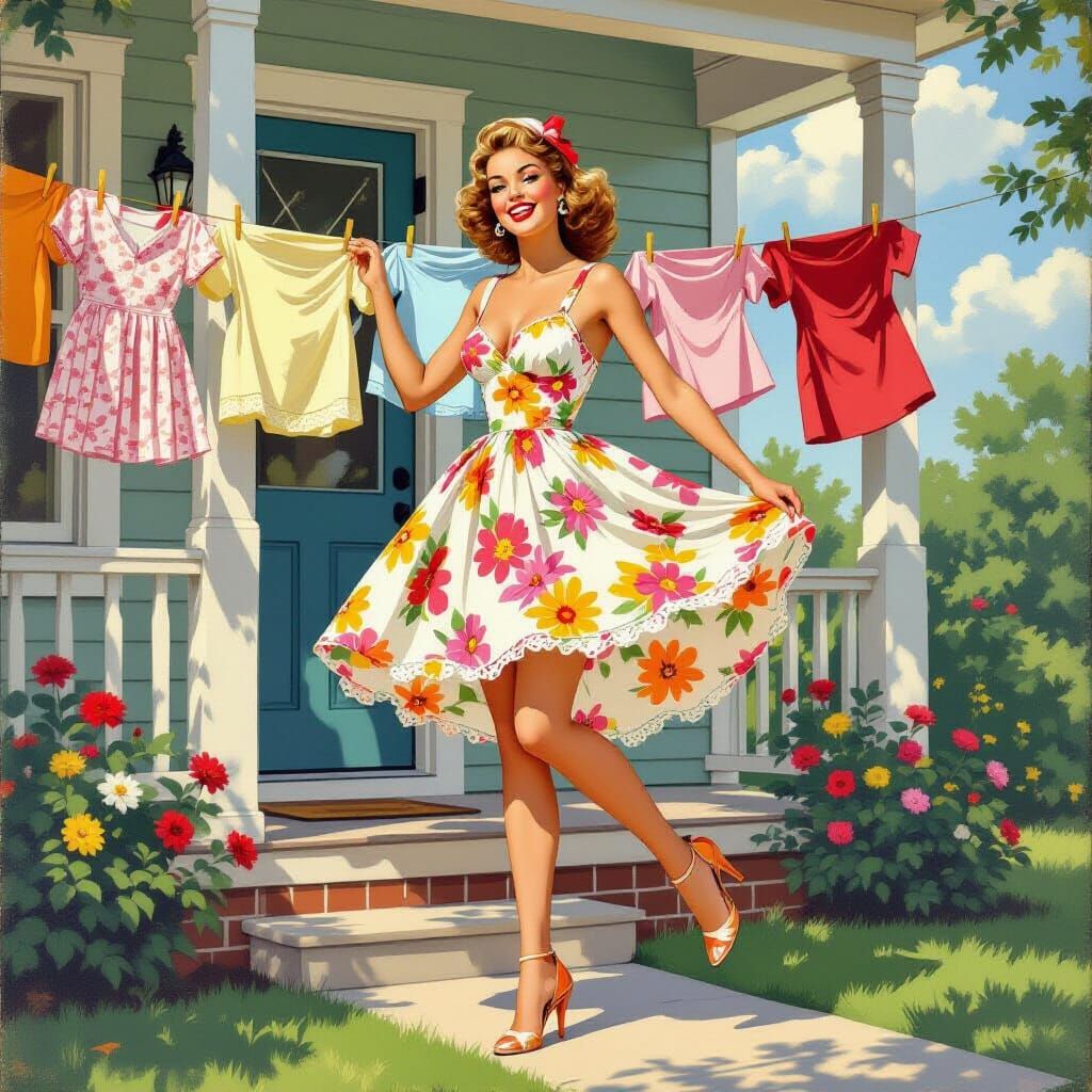 1960s Pinup Girl Hanging Clothes in Suburban Home