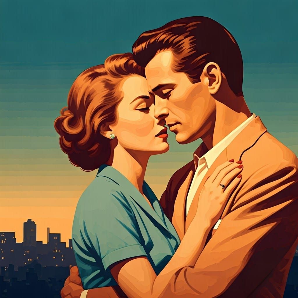 1950s Couple Embrace in Film Noir Style