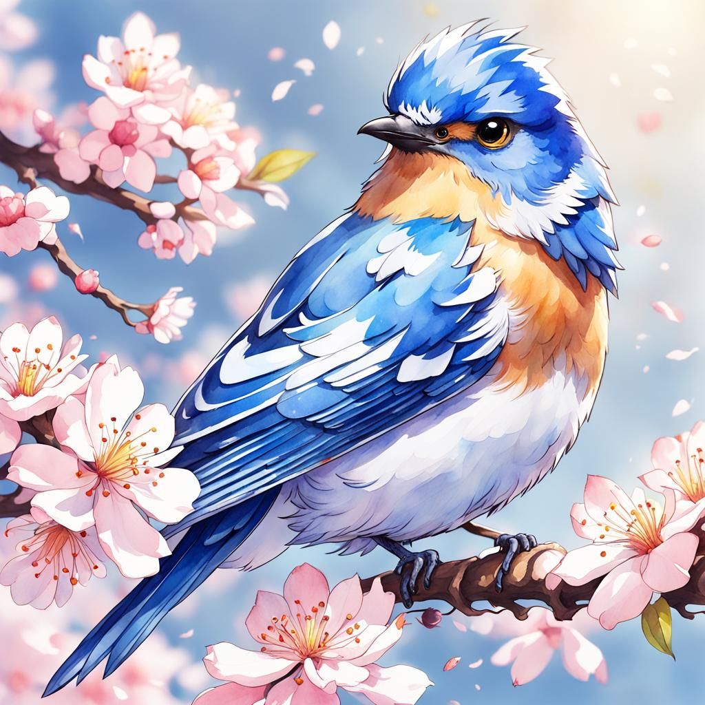 Blue Bird on Sakura Branch, Anime Watercolor
