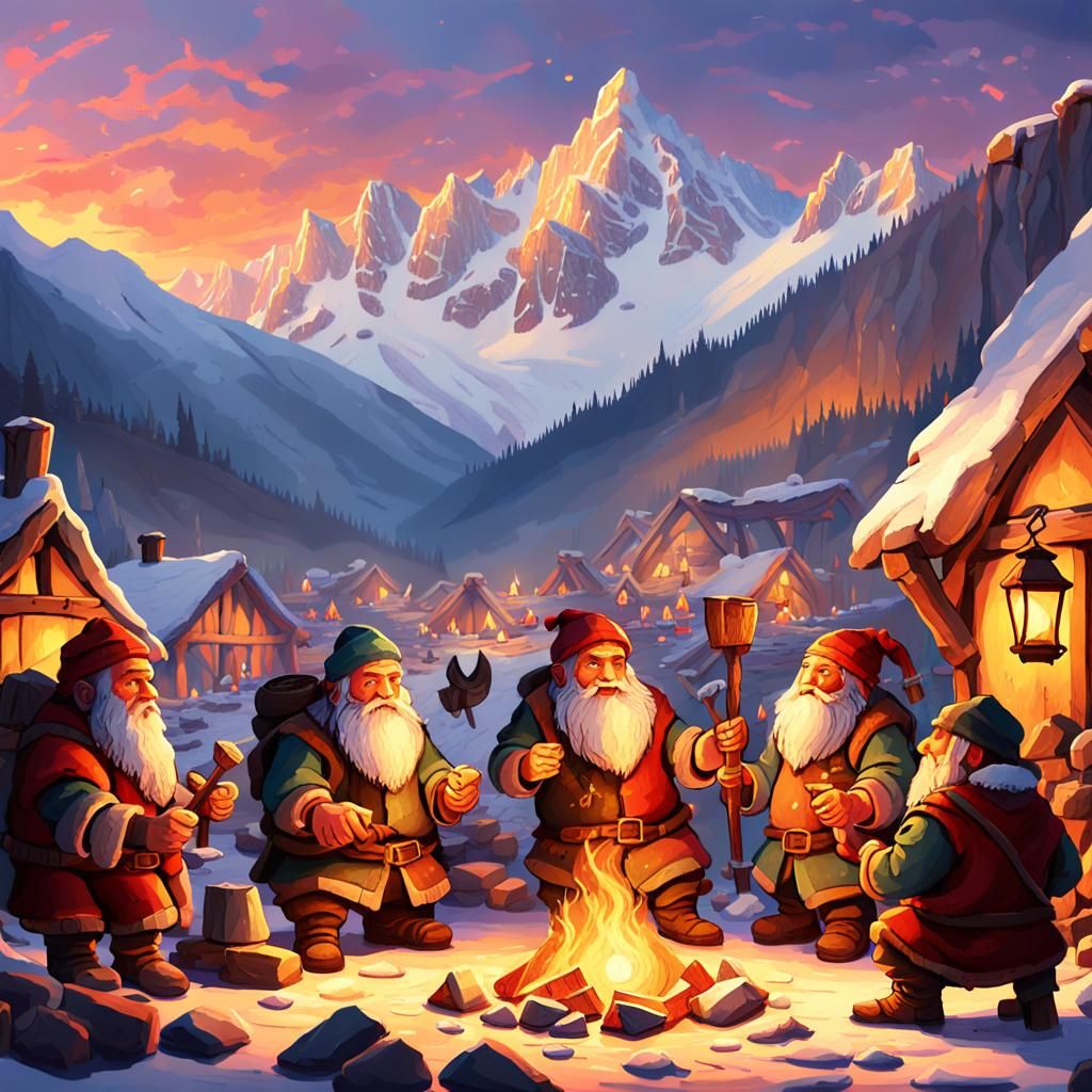 Dwarves Camp Among Mountain Peaks as Oil Painting