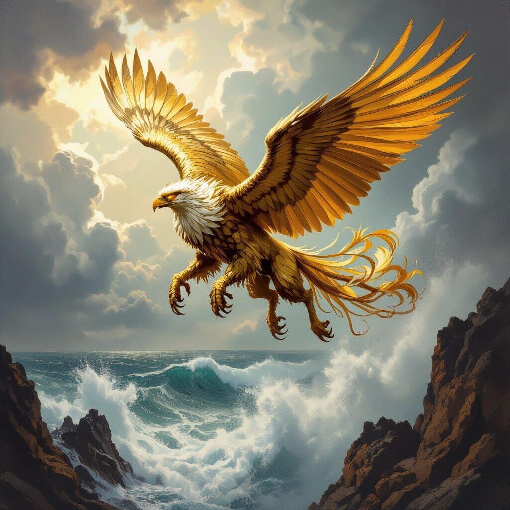 Griffin Soaring Through Stormy Sky in Baroque Style