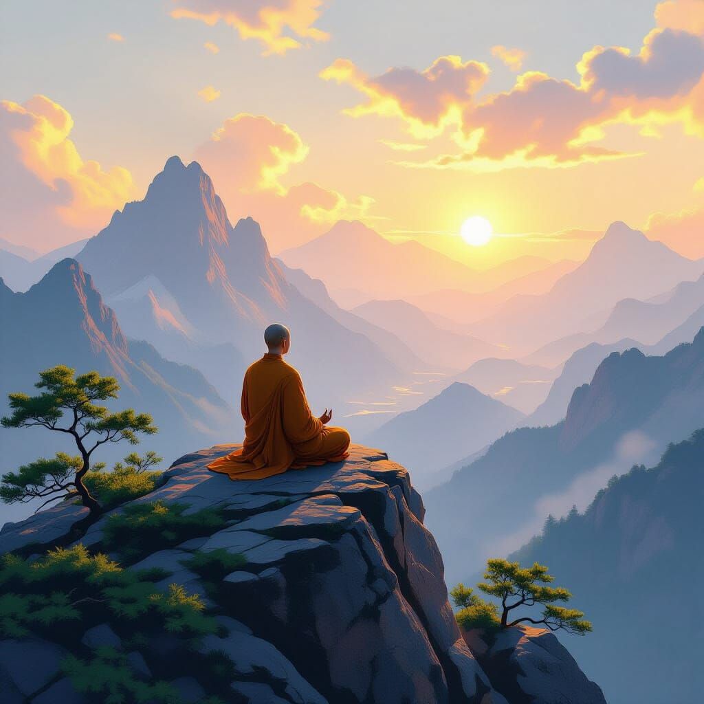 Buddhist Monk Meditating on Windswept Mountain Peak in Summe...