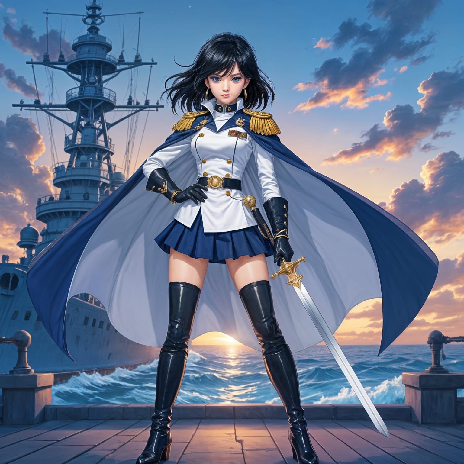 Anime Female Admiral with Sword and Cape