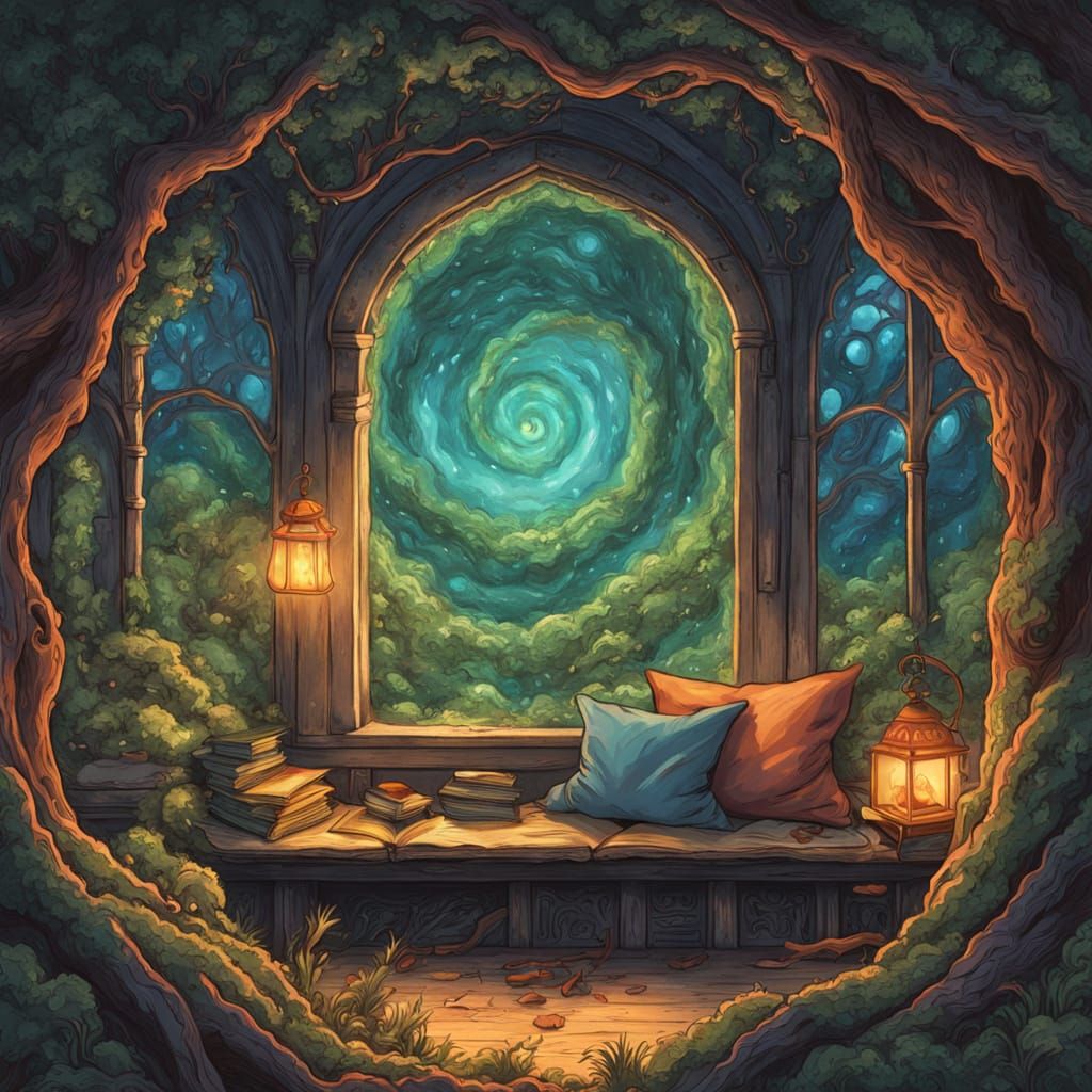 Enchanted Tree Reading Nook in Gouache Style