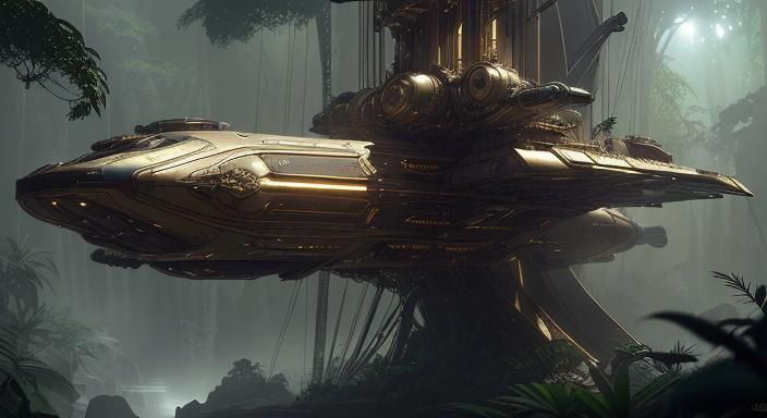Futuristic Steampunk Battleship in Lush Rainforest