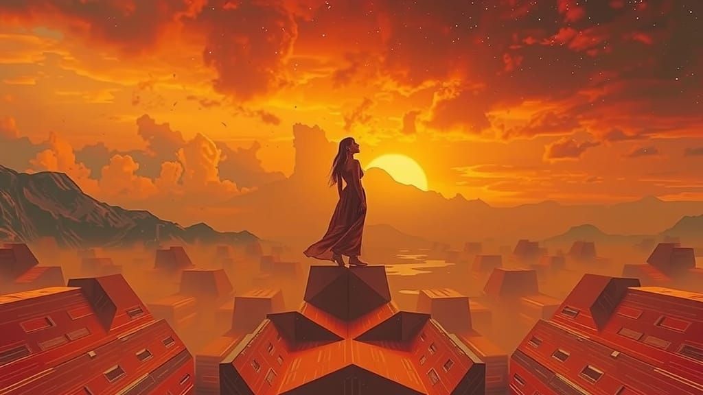 Dreamlike Cityscape Contemplation in Futuristic Style