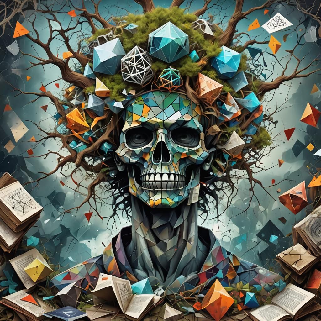 Surreal Graffiti Art with Distressed Figure and Polyhedra