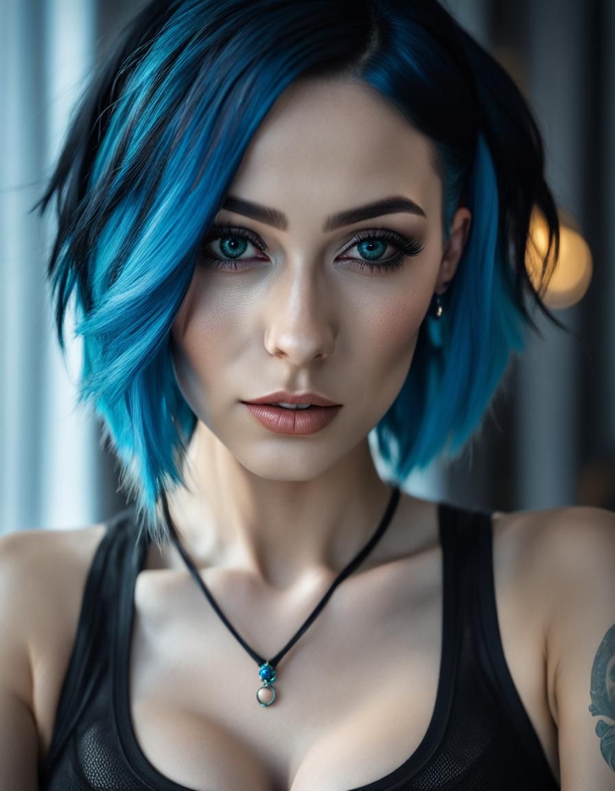 Exquisitely Detailed Goth Girl Portrait with Blue Hair