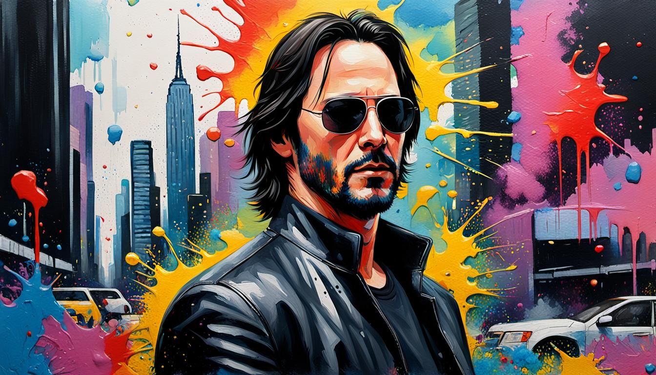 Keanu Reeves Pop Art Portrait with Acrylic Paint Drips