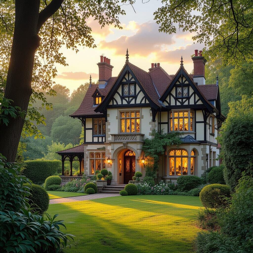 Gothic English Home in Golden Hour, Romantic Style