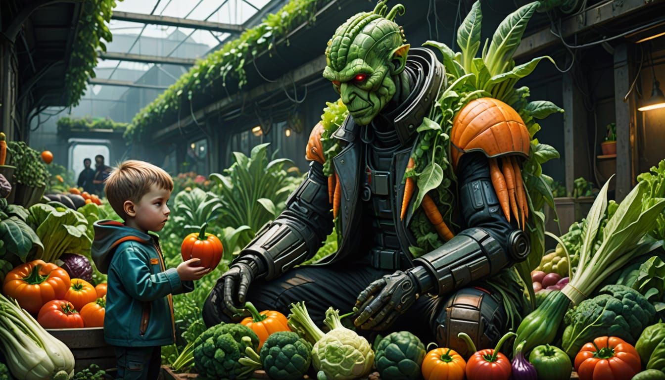 Vegetable Man Offers Produce to Child in Garden