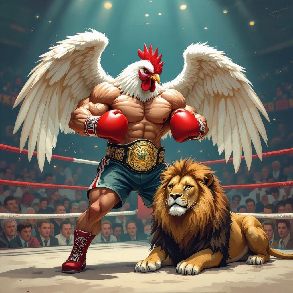 Muscular Chicken Pins Lion in Boxing Ring