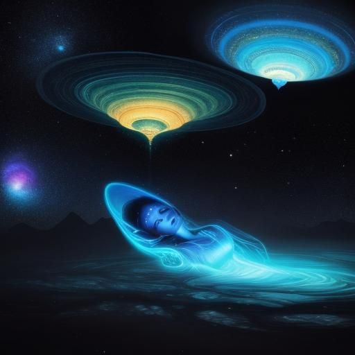 Woman in Mystical Light Floating in Space: Surreal Oil Paint...