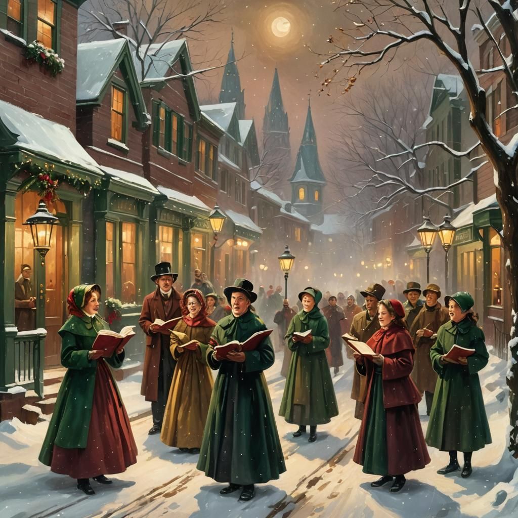 Victorian Era Christmas Carolers Amidst Snowy Festivities in...