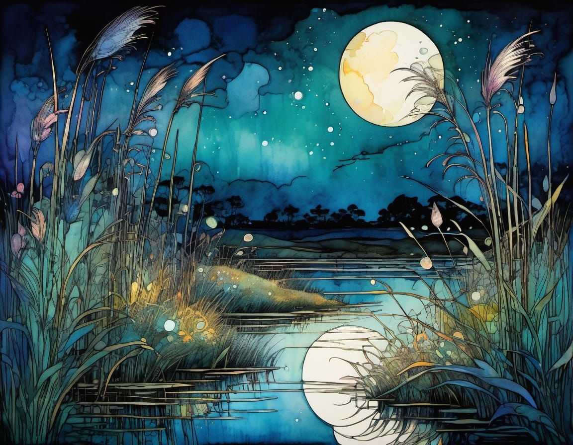 Moonlit Marsh Grasses: Art Nouveau Digital Illustration