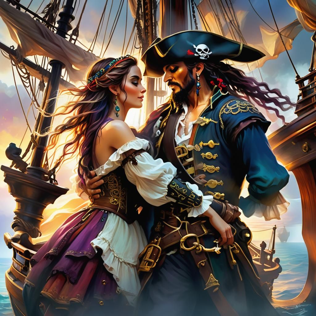 Romantic Pirate Couple on Mystical Ship in Vibrant Oil Paint...