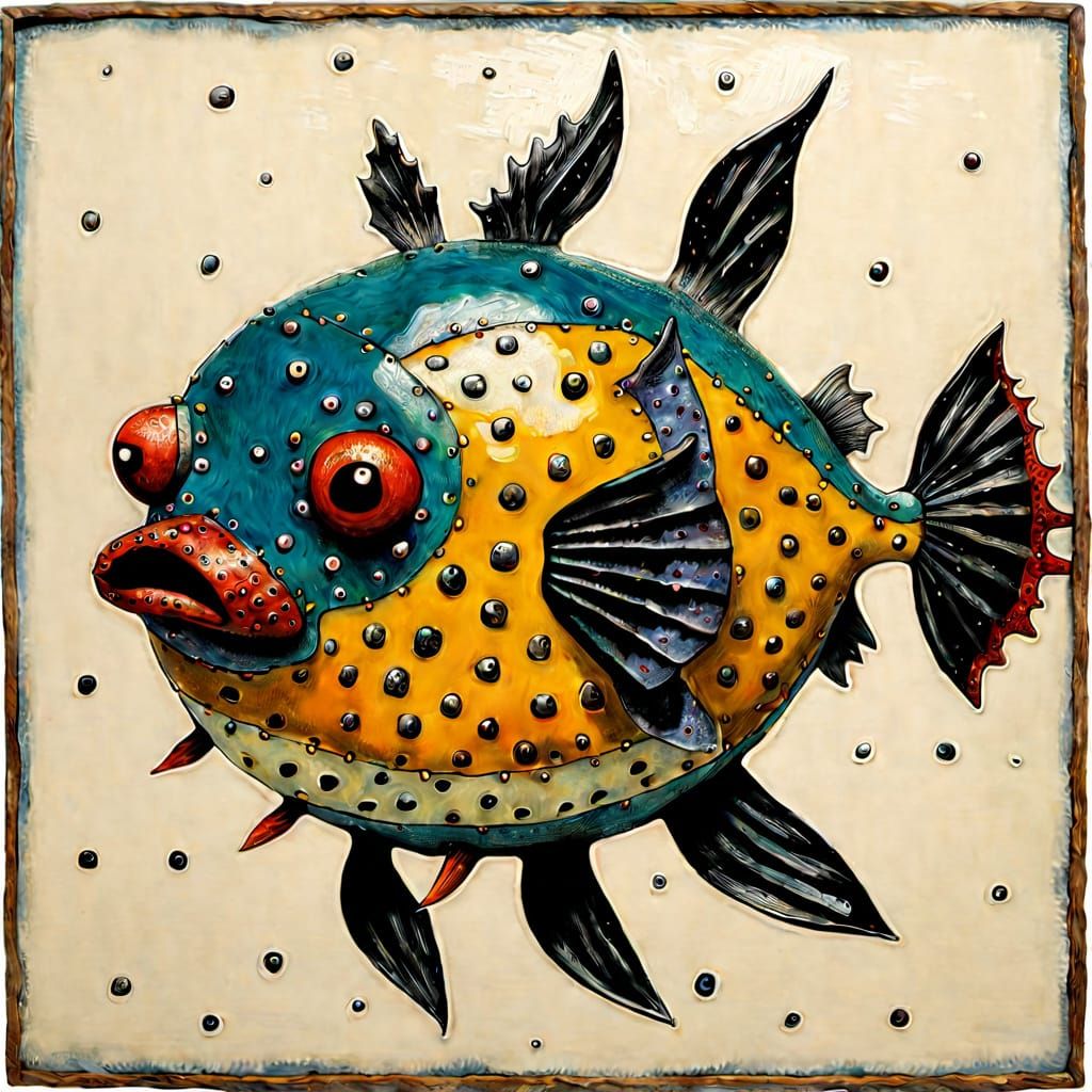 Diabolical Puffer Fish in Encaustic Style