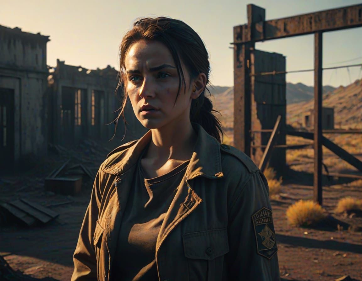 Female Prisoner in Post-Apocalyptic Landscape: Cinematic Pho...