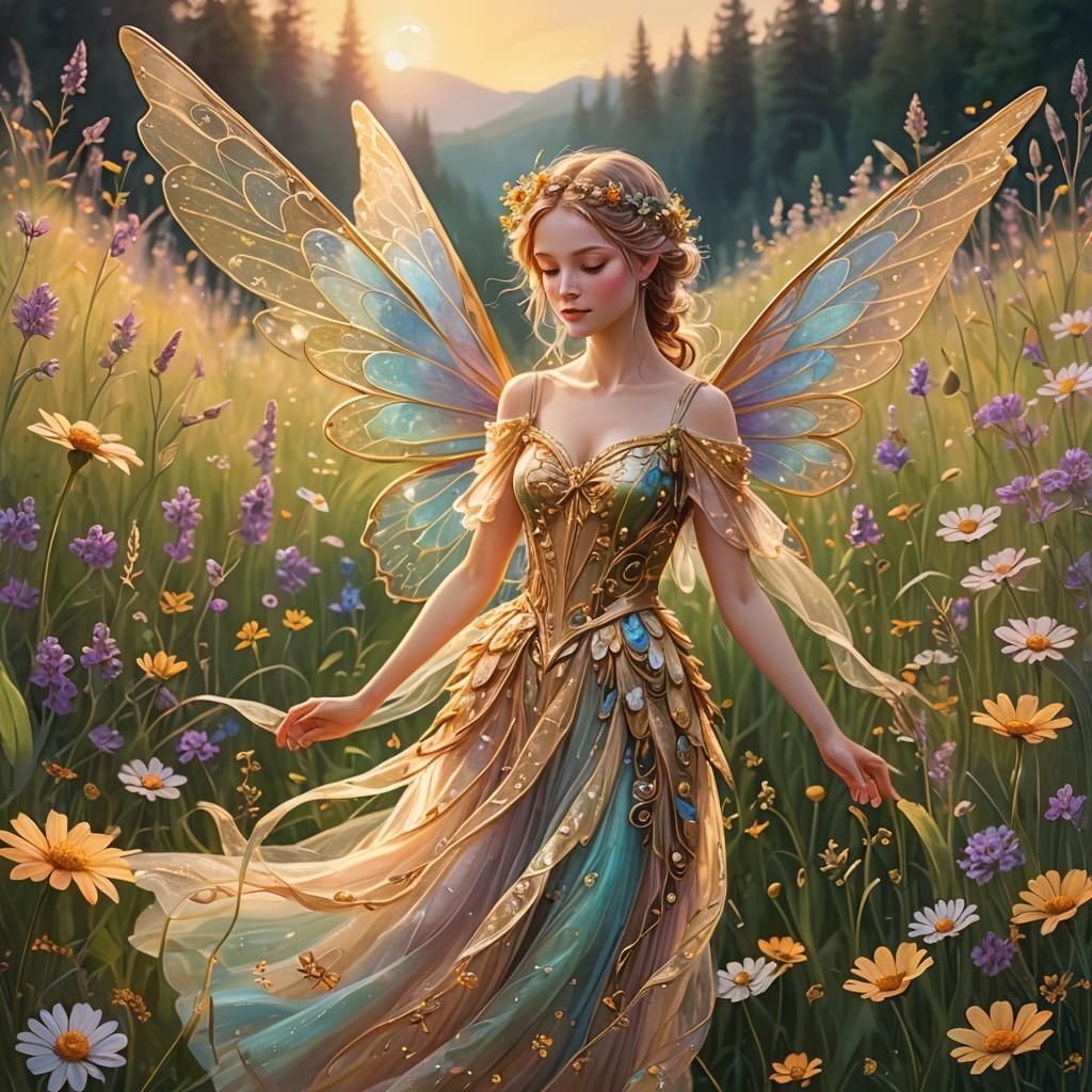 Fairy in Meadow with Golden Sunrise Glow