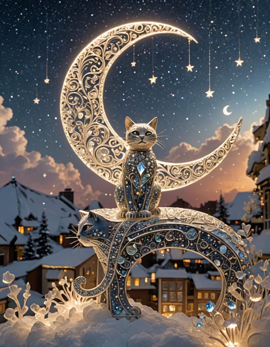 Crystal Cat Sculpture Under Crescent Moon